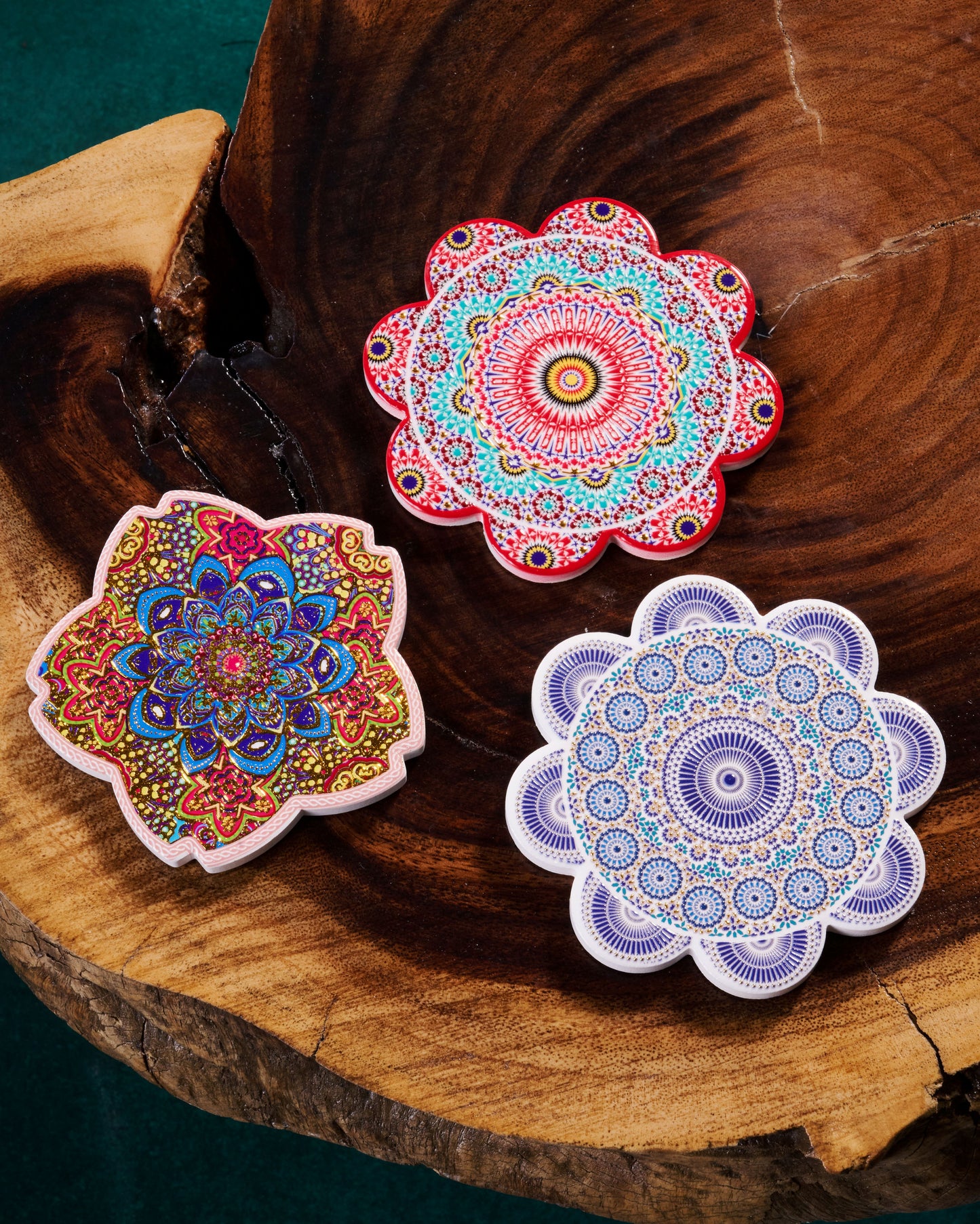 Stylish Wooden Cup Coasters – Set of 3 - Flower Shape