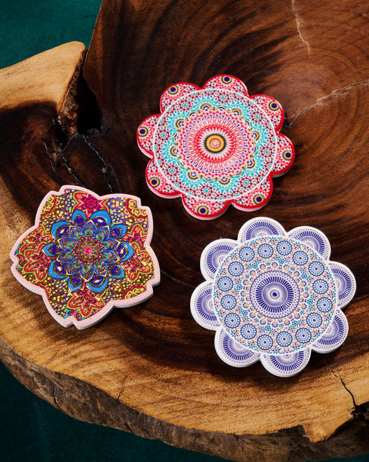 Stylish Wooden Cup Coasters – Set of 3 - Flower Shape