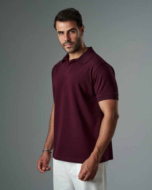 Buttonless Polo Pique - Maroon