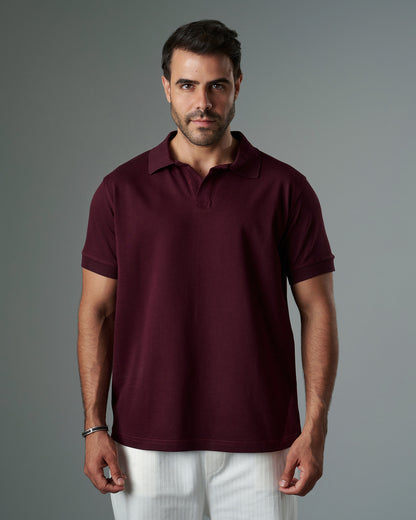 Buttonless Polo Pique - Maroon