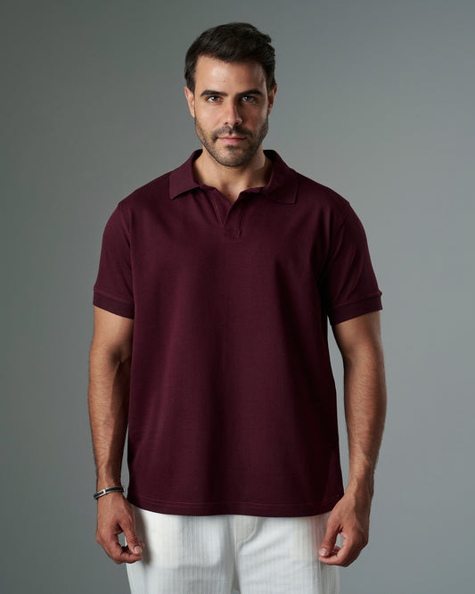 Buttonless Polo Pique - Maroon
